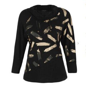 Dolcezza Foil Gold and Black Pattern Cowl Neck Top cowl neck draw string